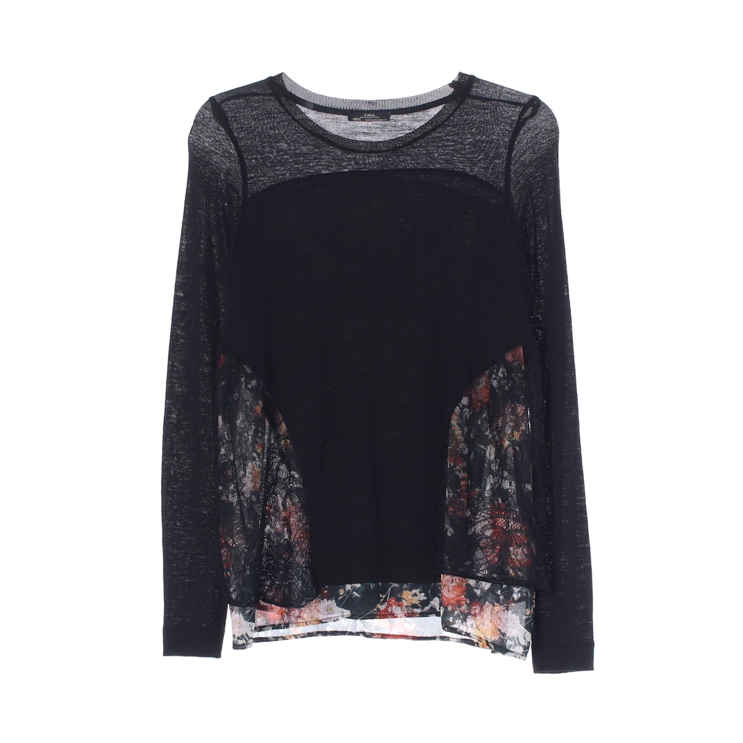 ZARA 자라 플라워 레이스 패치 블랙 롱슬리브 티셔츠 WOMAN-S
